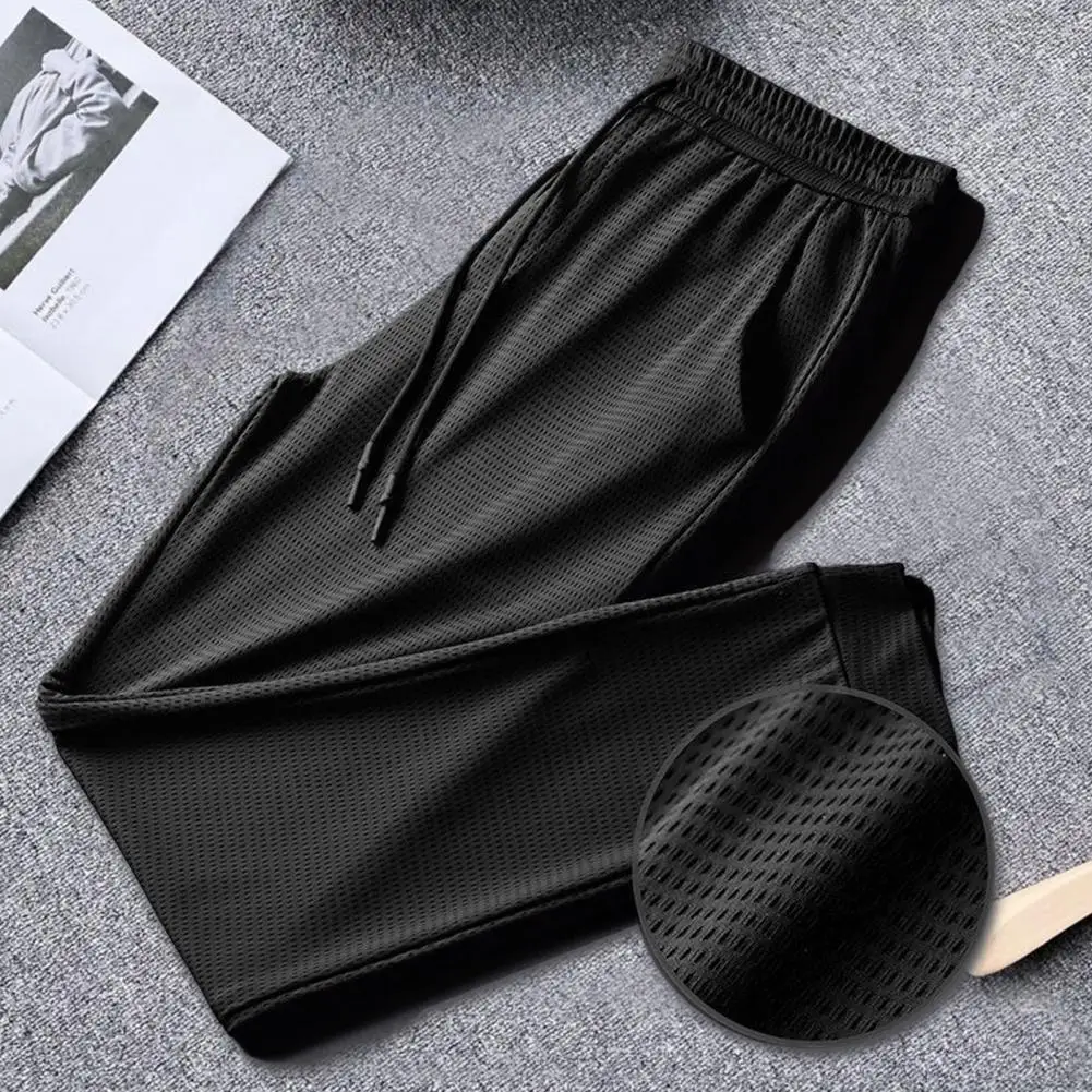 Feather Print Ice Silk Sweatpants Breathable Mesh Drawstring Sport Pants Jogging Sweatpants Casual Quick Dry Ankle Tied Pants