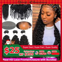 32inch 6x6/13x4/13x6 HD Lace Frontal With Bundles Melt All Skins Curly Water Wave Bundles With Closure Remy Hair Weave Extension