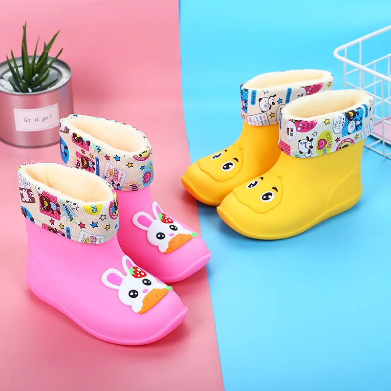 Children Cotton Rain Boots Cute Cartoon Rubber Shoes Waterproof Non Slip Plush Water Boots Student Kid\'s Boot for Boys Girls