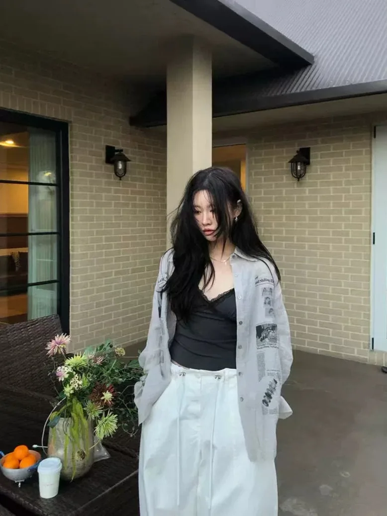 

London Home Retro Newspaper Print Pleated Long Sleeve Women's Shirt Spring 2026 Vintage Style Loose Fit Button up Top