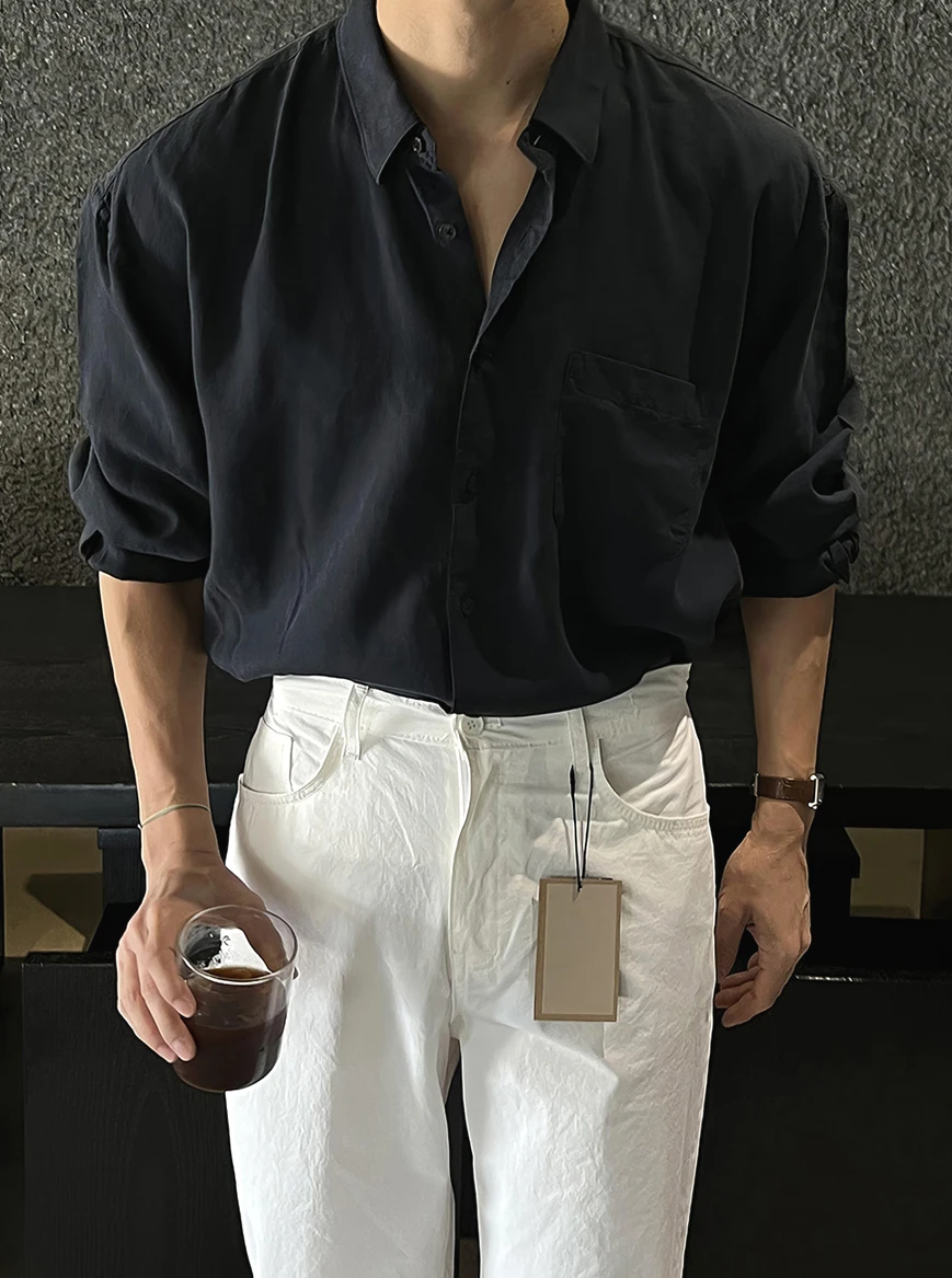 

Premium Cotton Linen Wrinkle Shirt Men's American Loose Long Sleeve Sun Protection Linen Breathable Pocket Workwear Trendy