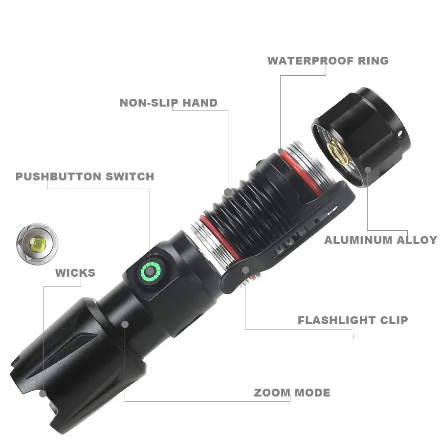 Tactical Flashlight Rechargeable Zoomable XHP50 LED IPX6 Waterproof 5 Modes Type-C Aluminum Alloy Portable for Outdoor Camping