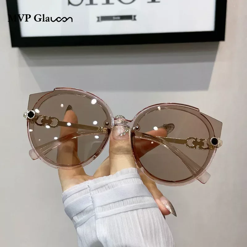 2022 New Vintage Cat Eye Round Sunglasses Women's Korean Version Metal Rimless Gradient Sun Glasses Luxury Shades UV400 очки