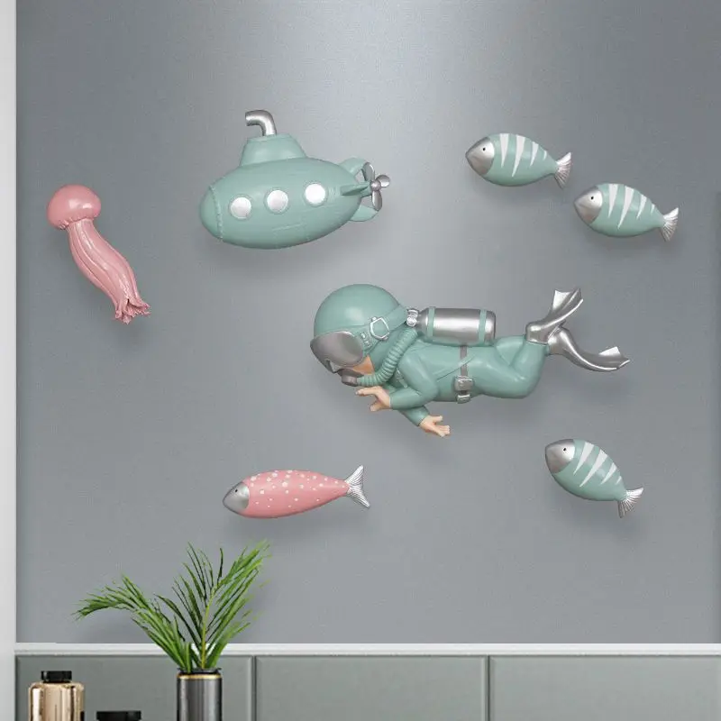 Simple Submarine Jellyfish Diver Resin Ocean Fish Wall Sticker Mural Home Livingroom Wall Decor Children's Room Wall Accessories