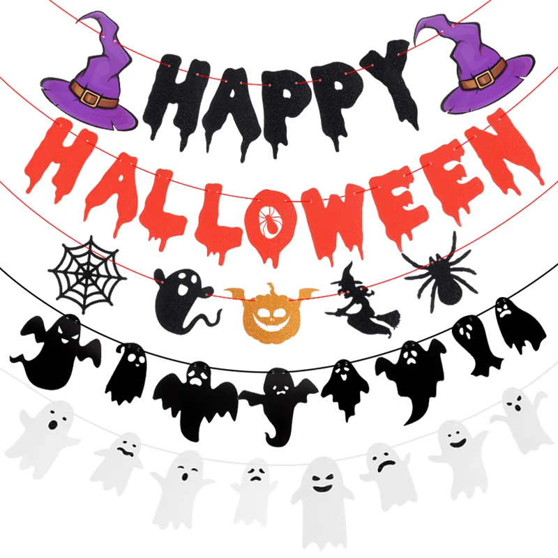 

Happy Halloween Banner Paper Garland Bunting Pumpkin Ghosts Witch Spider Banner Halloween Party Hanging Decoration Horror Props