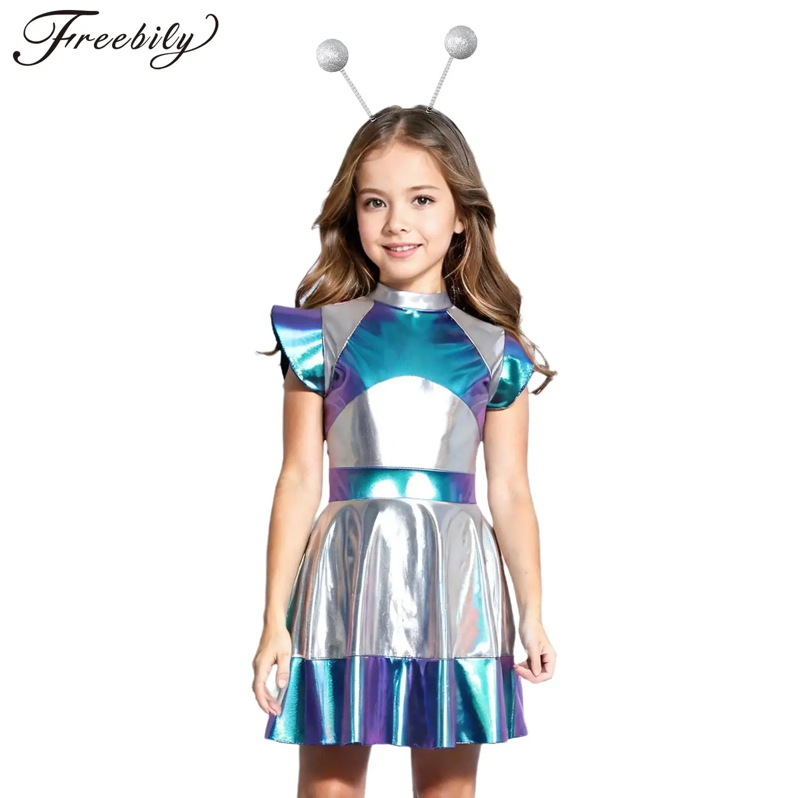 

Girls Halloween Alien Robot Cosplay Costume Metallic Shiny Dress Theme Party Carnival Astronaut Space Cadet Role Play Clothes
