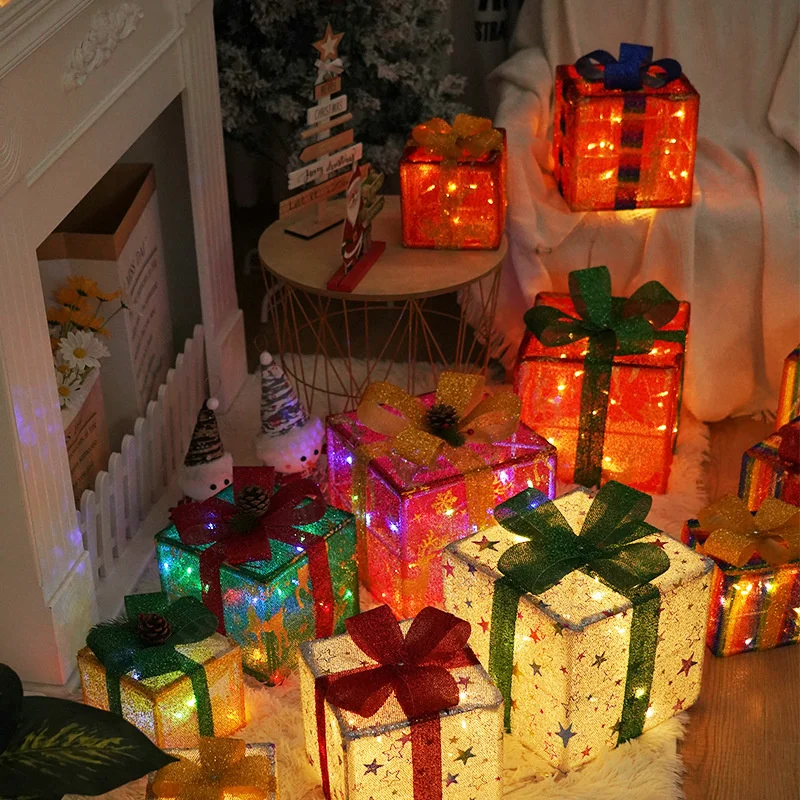 

String Lights Christmas Gift Box Set Of Three Holiday Gifts Colorful Lights Room Props Arrangement Decorative Lights