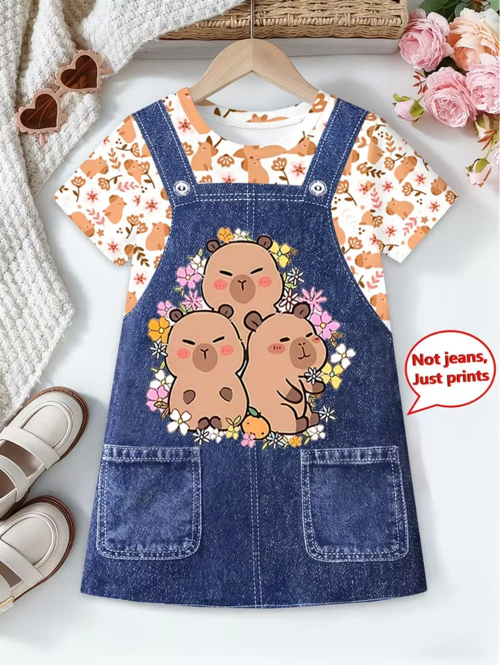 Summer Girls' 2-in-1 Look Imitation Denim Dress Cartoon Capybara Print Casual Short Sleeve Dress Comfortable Casual Girl Clothes