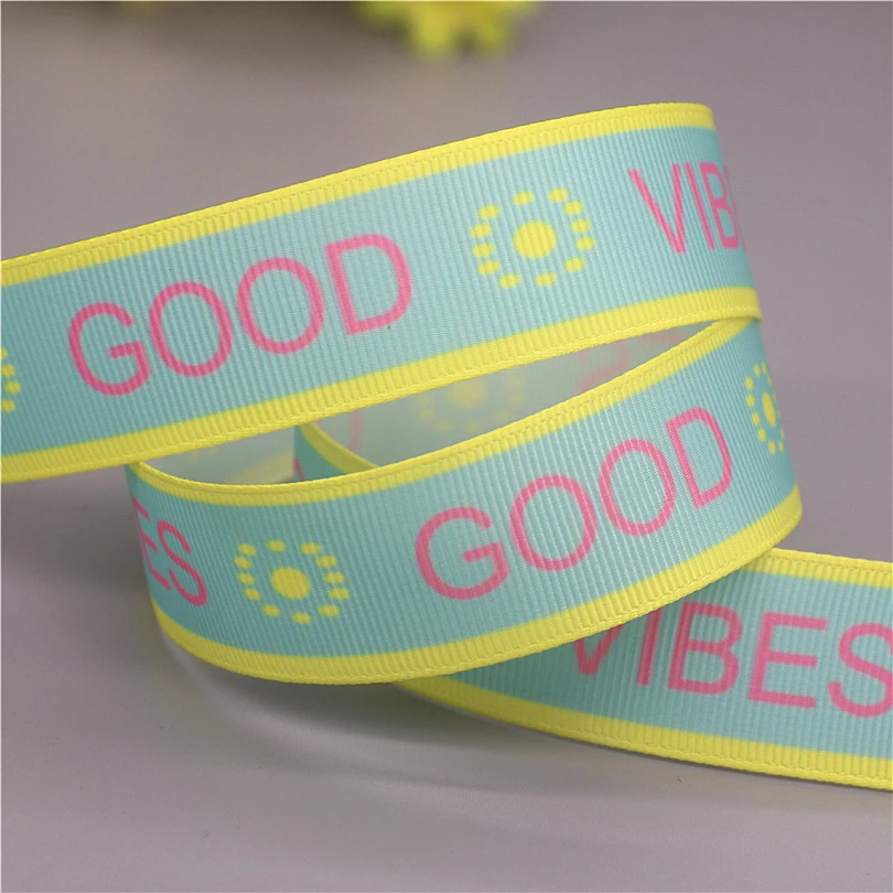 DHK 50yards Girl Good Vibes Printed Grosgrain Ribbon Accessories Material Headwear Decoration DIY Sewing Craft S2304