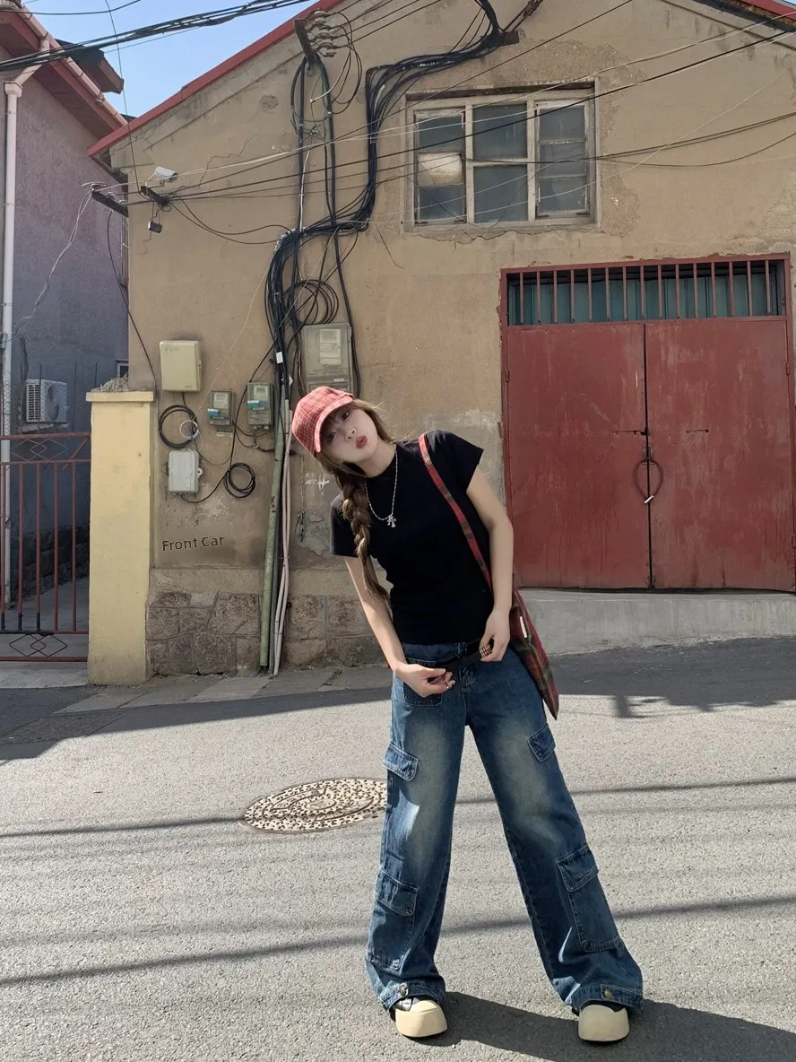 

Американские прямые свободные джинсы с эффектом похудения, женская рабочая одежда, брюки, длинные брюки от Luo Cheng l, джинсовые джинсы с талией