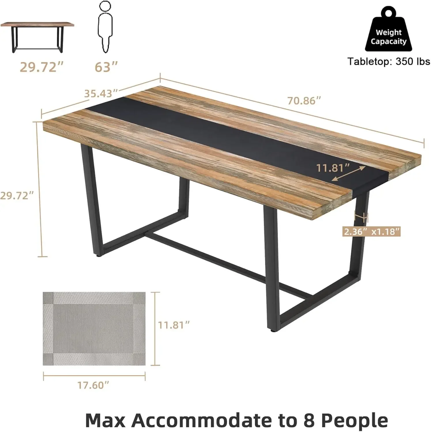 71 "6ft ขนาดใหญ่โต๊ะอาหารค่ําสําหรับ 6 8 ที่นั่งห้องรับประทานอาหารตาราง, สี่เหลี่ยมผืนผ้า Farmhouse ห้องครัวโมเดิร์นยาวสีดํา & สีน้ําตาล Indus