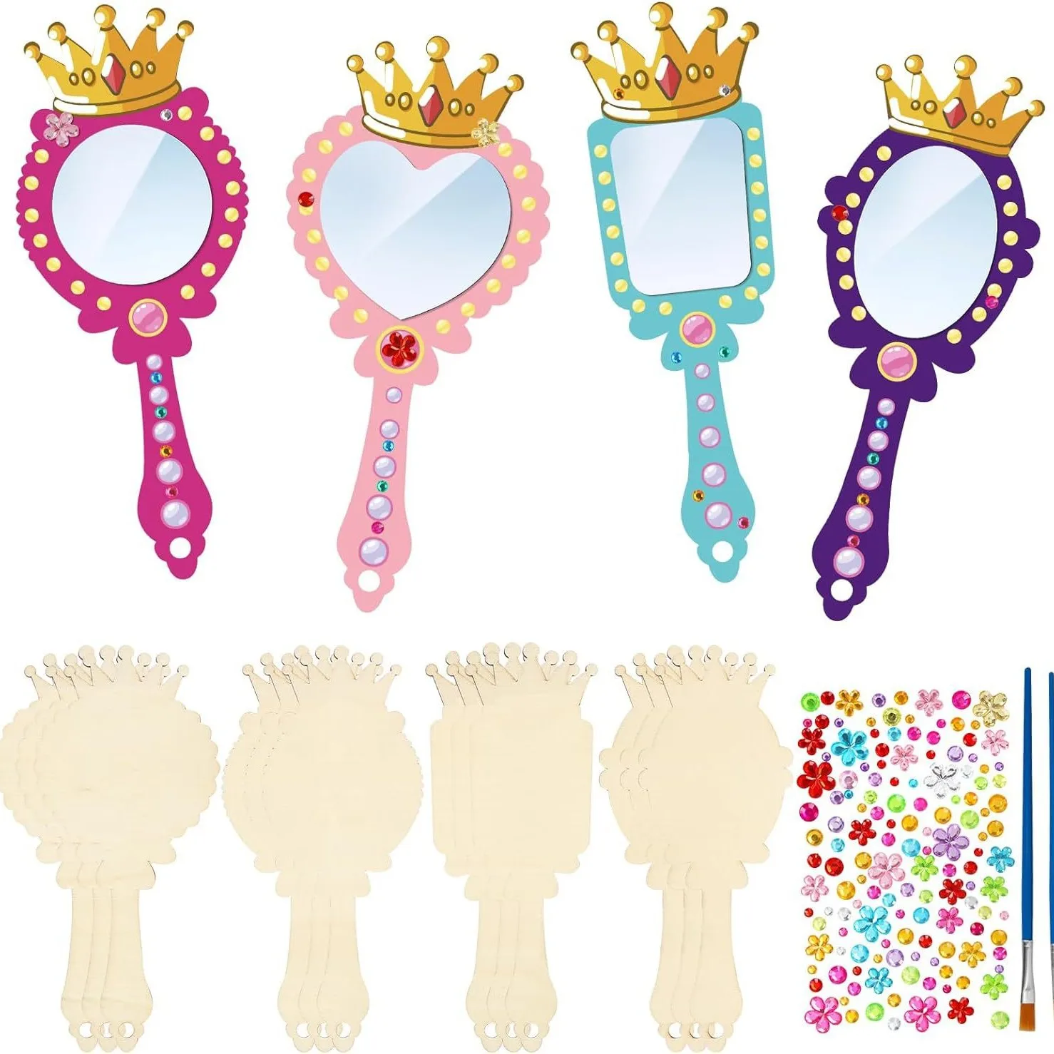 12pcs Wooden Mirror Craft for Kids Decorate You Own Princess Mirrors DIY Paint Wooden Hand Mirror  Birthday Gift Party Supplies