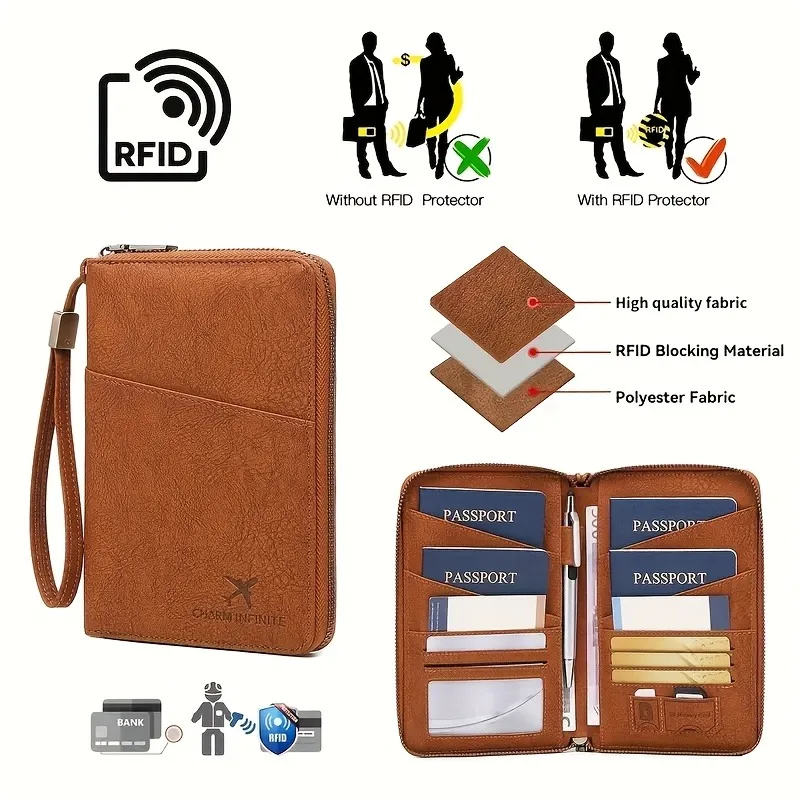 Vintage RFID Blocking Passport Holder Wallet, Airplane Travel Document with Hand Wrist Strap, Zipper Large Capacity Leather
