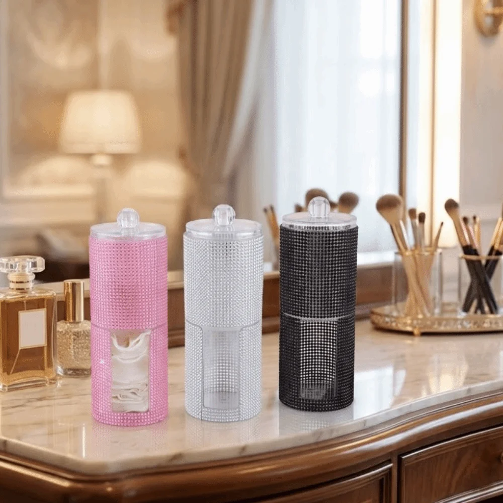2 in 1 Diamond-Studded Storage Box Round Plastic Cotton Swab Storage Box with Lid Decorative Sundries Storage Box