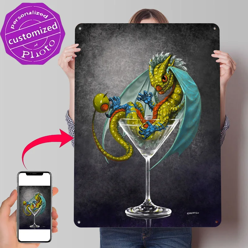 Martini Dragon 3D Printed Texture Poster Personalized Wall Art Retro Metal Tin Signs for Bar Accessories Decoration Bedroom Home