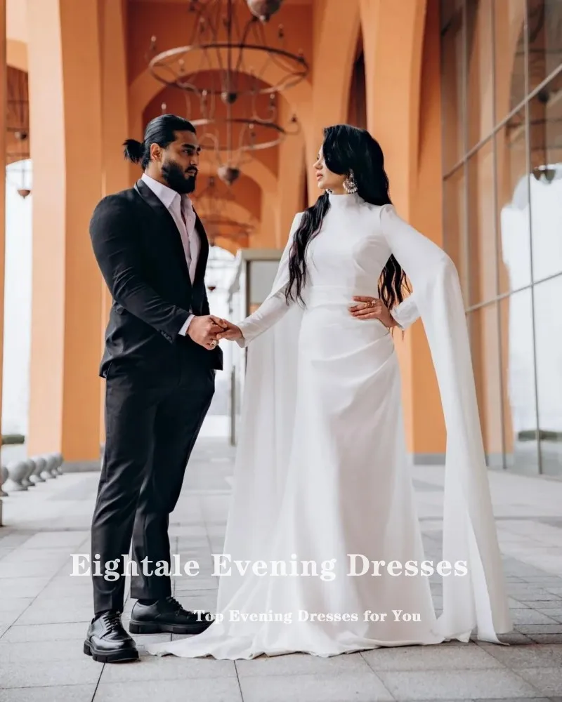 Eightale アラビアのウェディングドレス ハイネック ロング キャップ スリーブ カスタマイズされた Strethcy サテン イスラム教徒マーメイド ブライダル ガウン ローブ デ マリー