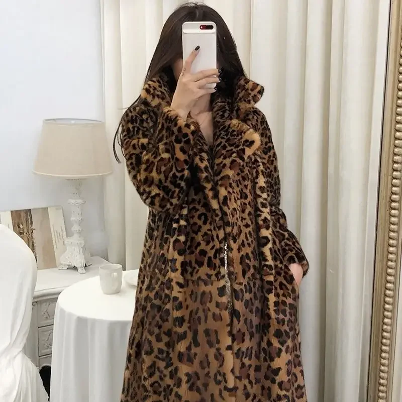 New Winter Korean Fashion Fluffy Warm Faux Fur Jacket Women Lapel Long Elegant Leopard Print Faux Mink Fur Jackets Coats E705