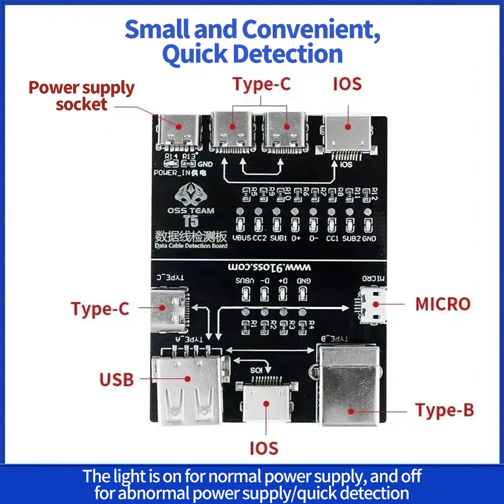 Scheda di rilevamento rapido linea dati ON-OFF OSS T5 per IPhone Android USB/Lightning/Type-C/Micro linea dati strumento di rilevamento anomalo
