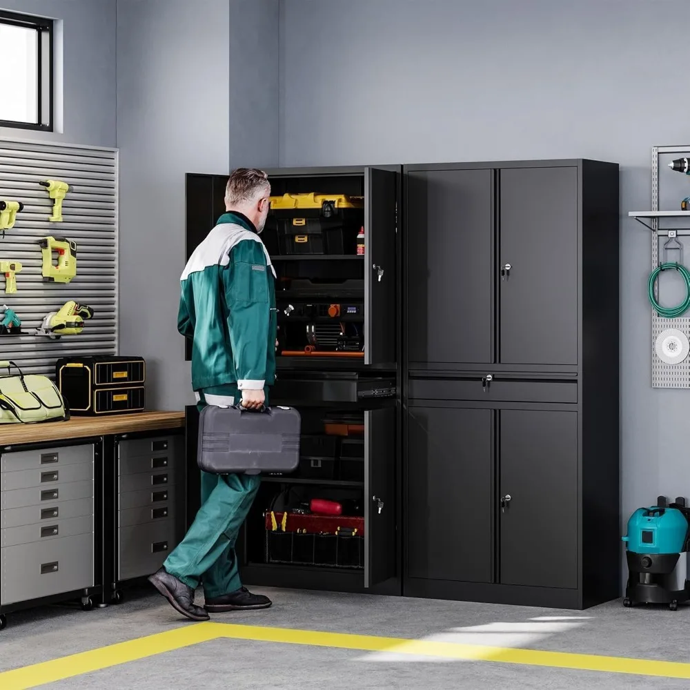 

Металлический шкаф для хранения в гараже с 4 дверцами и выдвижным ящиком, 2 регулируемые полки, для дома и офиса, доставка из США