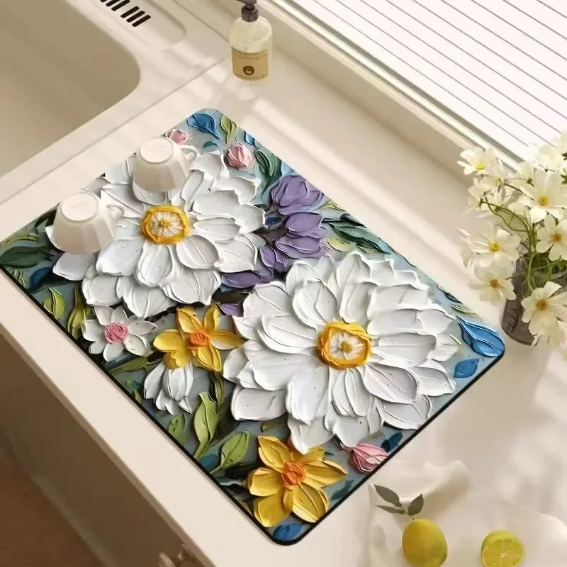 

Oil Painting Style Diatomaceous Earth Drainage Mat Kitchen Drying Mat Bar Counter Absorbent Anti Slip Mat Kitchen Accessories