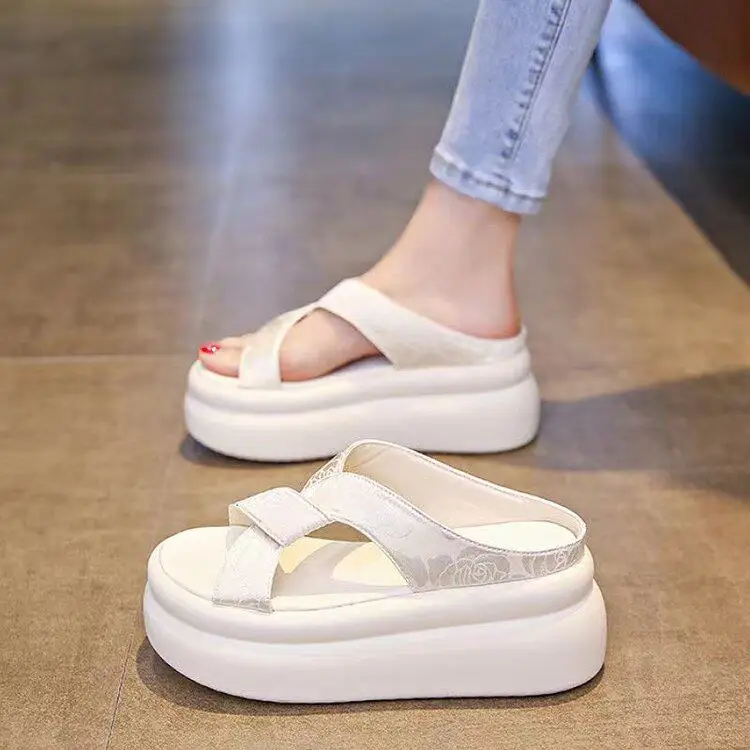 Large Size Fashion Womens Shoes 2026 Cross Female Sandal Clogs With Heel Big Luxury Spring Low Girls New Outside Thick Summer Ru