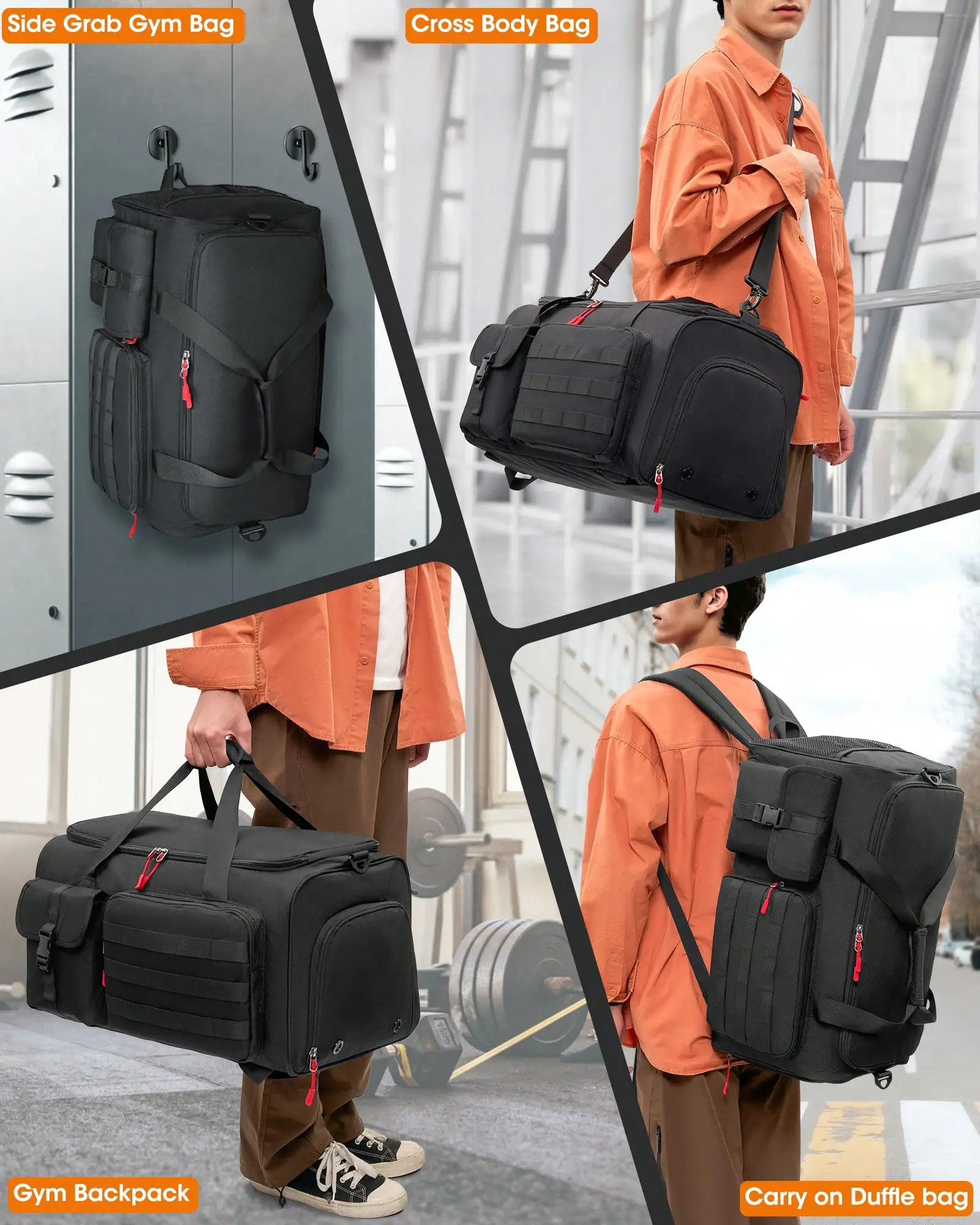45L Sports Travel Duffel Bag For Men, Convertible Gym Workout Weekender Overnight Carry‑On Backpack, Built‑in Independent Shoe Compartment & Laptop Pocket, Multi‑Purpose Rucksack For Gym Fitness, Weekend Getaway, Business Short‑Trip Travel Use