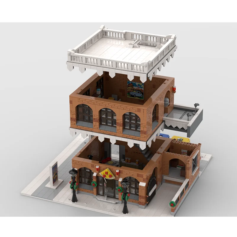 Street View Moc Building Brick Modular Winter Village - Pizzaria & Arte Model Technology كتل هدايا بناء لعبة عيد الميلاد #5