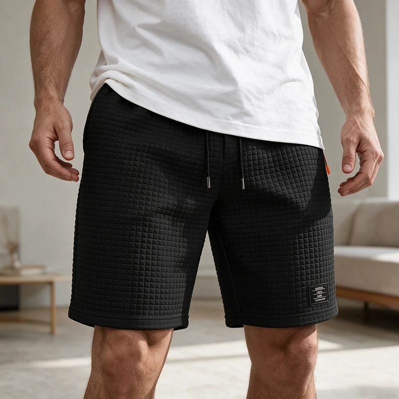 Men Waffle Knit Casual Shorts Drawstring Elastic Waist Loose Fit Versatile Daily Street Vacation Leisure Summer Trousers