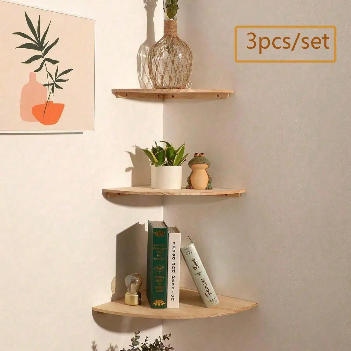 

Christmas 3-Piece Corner Shelf Set (S+M+L) - Rustic Wood Floating Shelves with Cord Hole for Home