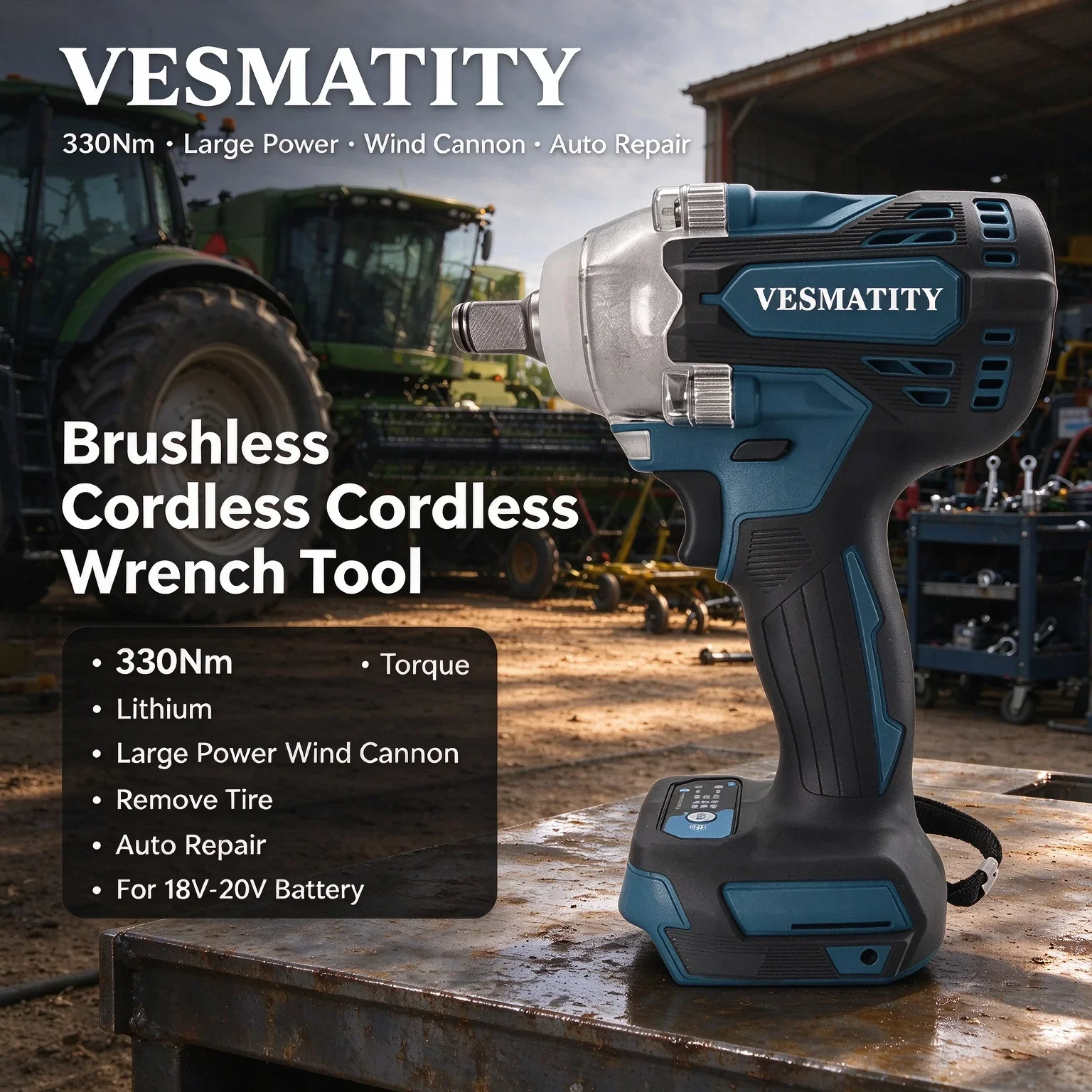 Brushless Cordless Wrench Tool 330Nm Torque Large Power Wind Cannon Lithium Remove Tire Auto Repair For 18V-20V Battery