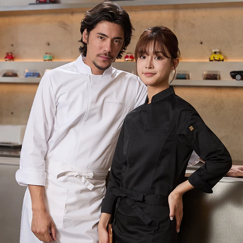 Veste de Chef à fermeture éclair pour hommes et femmes, uniforme de serveur de cuisine d'hôtel et de Restaurant à manches longues