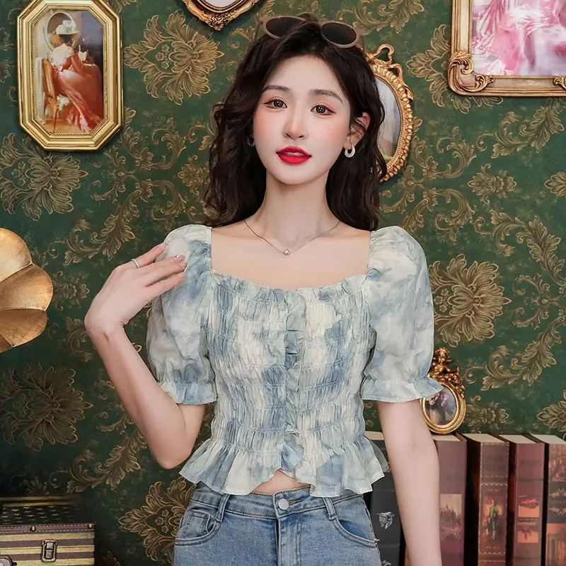 

Summer New Women's Short Sleeve Chiffon Shirt French Style Square Collar