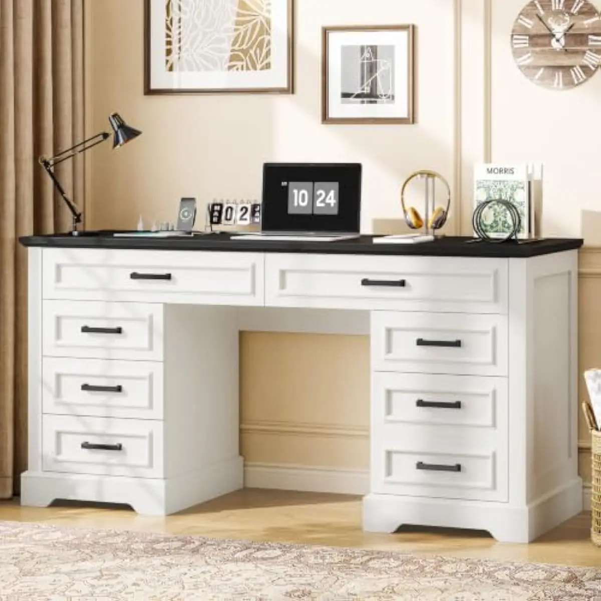 58.26 Inch Farmhouse Executive Desk in White and Brown Finish with 7 Drawers Including A4 Storage Built-in Power Hub Featuring 3