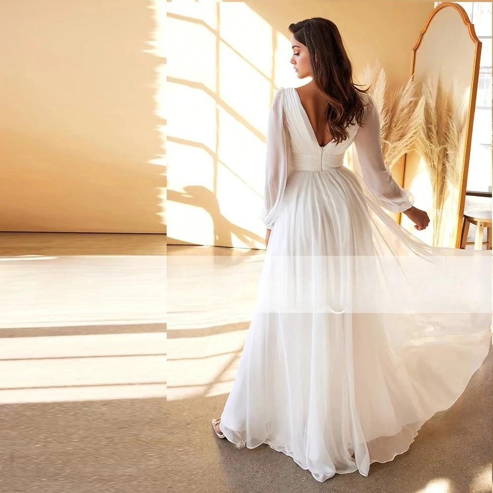 Cheap Chiffon Wedding Dress Long Sleeve Plus Size for Woman Floor Length V Neck Open Back Simple Bridal Gown for Bride Vestidos