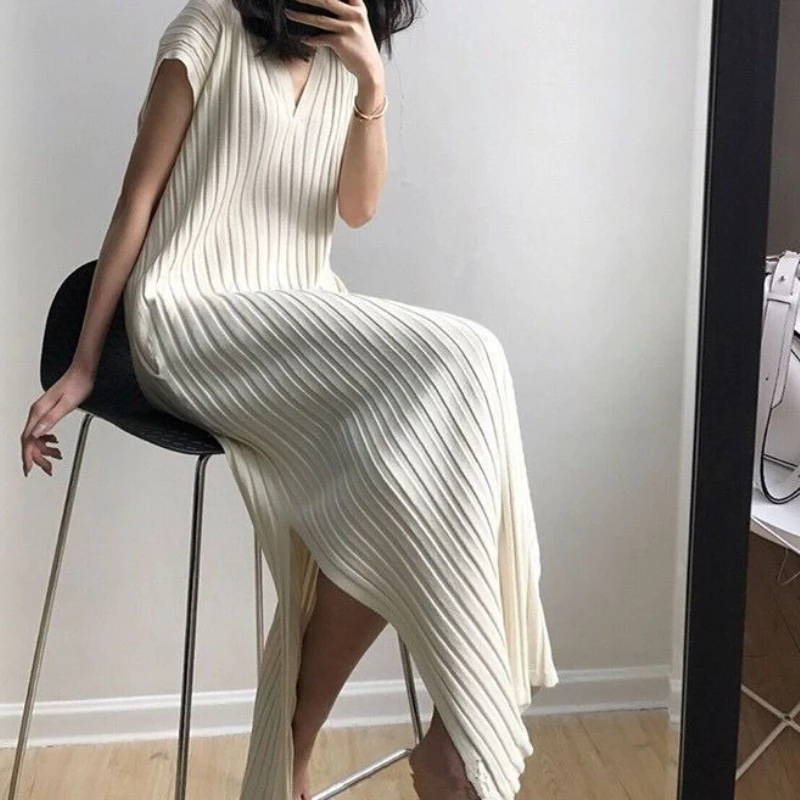 

Spring and Summer Qipao Style Versatile Loose Slimming Slim Fit V-neck Striped Thread Slit Knitted Dress for Women