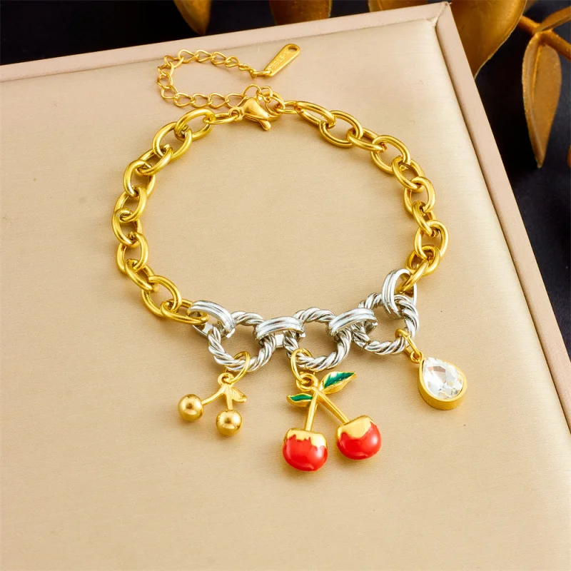 Cherry and strawberry gold-plated titanium steel color-retaining bracelet, light luxury versatile color-blocking bracelet