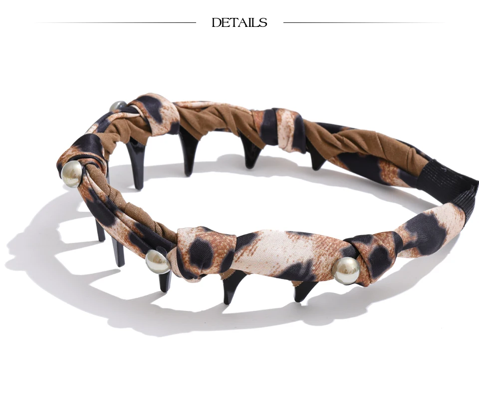Yhpup Vintage Leopard Polyester Tuch Perlen Rutschfestes Band Zähne Haarreifen für Frauen Haarband Zubehör – Detail 4