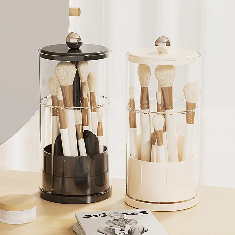 Cosmetic Storage Box Height Adjustable Desktop Press Type Makeup Brush Holder Large Capacity Dust Proof Vanity Bathroom