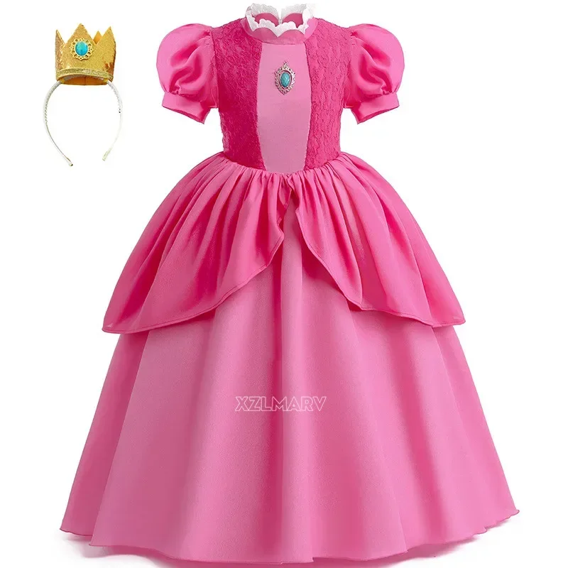 Perzik Prinses Cosplay Jurk Meisje Spel Rollenspel Kostuum Verjaardagsfeest Podium Performance Outfits Kids Carnaval Mooie Kleding