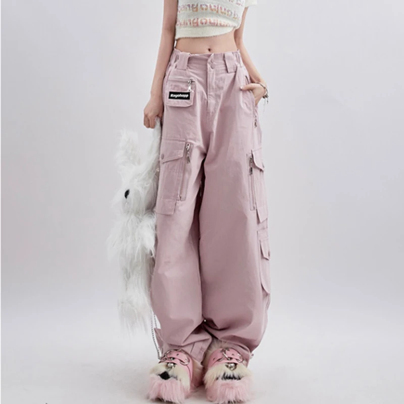 Women\'s Pink Cargo Pants Vintage Harajuku Y2k Aesthetic Loose Parachute Pants Oversize High Waist Baggy Trousers 2000s Clothes