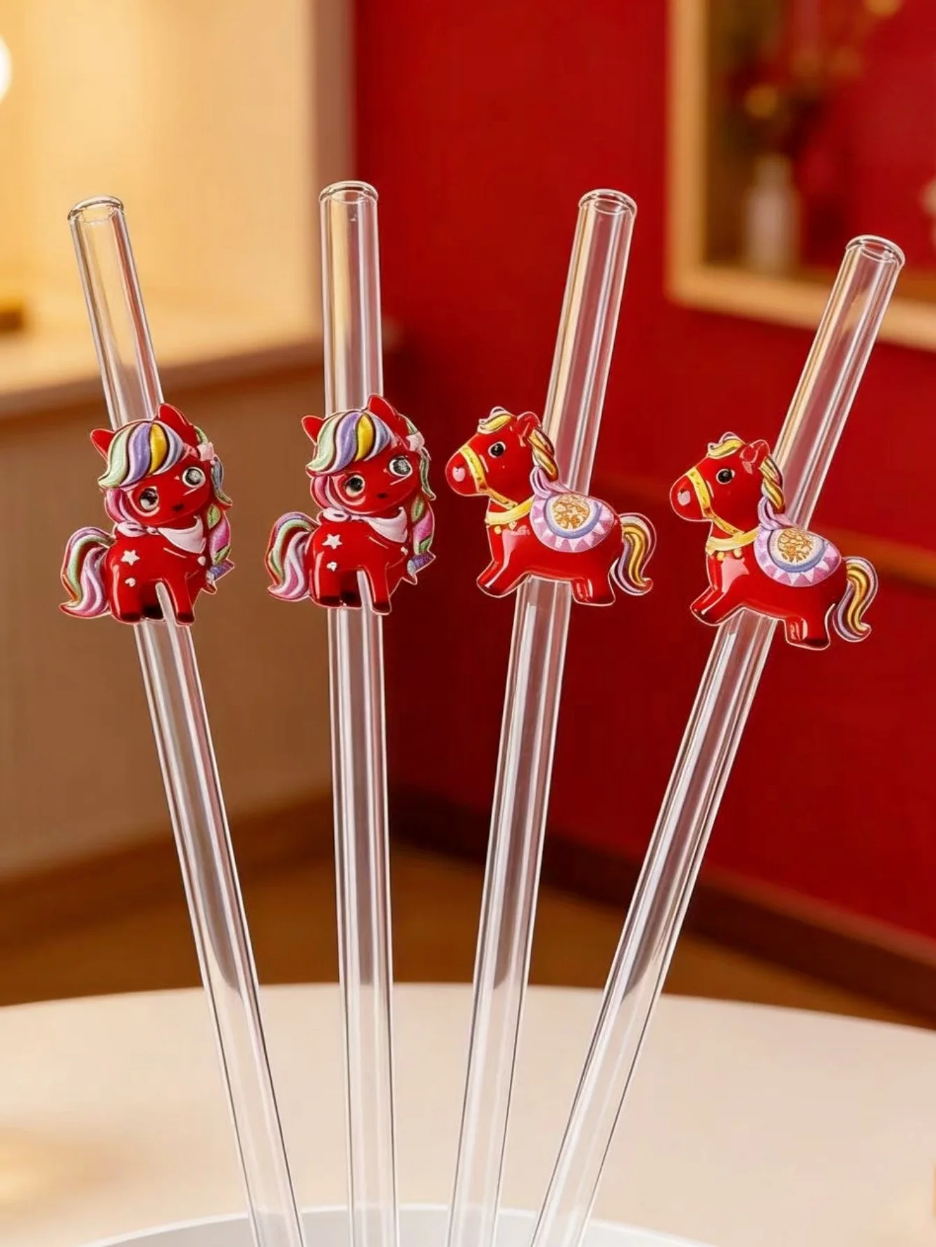 Valentine's Day Cute Pony Glass Straws, Reusable Straight Straw Set for Milk Tea, Juice & Cocktails, Sweet Party & 520 Gift