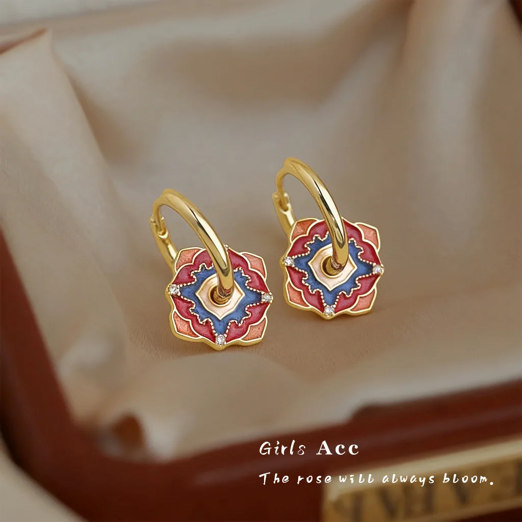Chinese Style Pattern Enamel Drop Glaze Ear Buckles Women Vintage Artistic High-end Sense New Chinese Style Earrings Wholesale