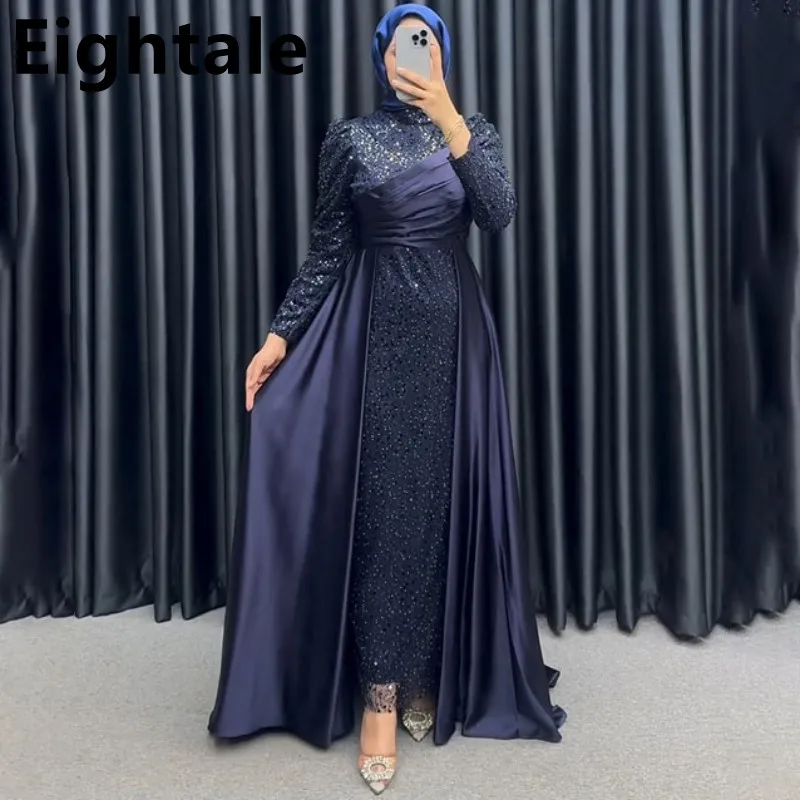 

Eightale Burgundy Muslim Long Sleeve Sequin Evening Dress Abiye Scalf High Neck Dubai Prom Dress Formal Party Gown Vestidos