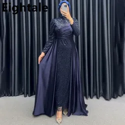 Eightale Burgundy Muslim Long Sleeve Sequin Evening Dress Abiye Scalf High Neck Dubai Prom Dress Formal Party Gown Vestidos