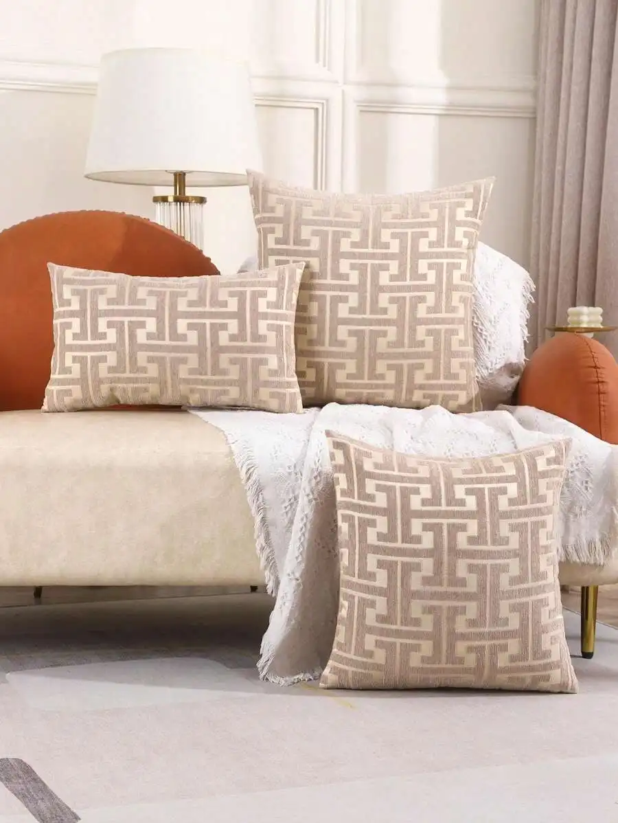 1pc Geometric Pattern Cushion Cover, Khaki Pillow Cover For Bedroom Living Room Sofa Chair, Soft Comfortable Home Decor Cushion