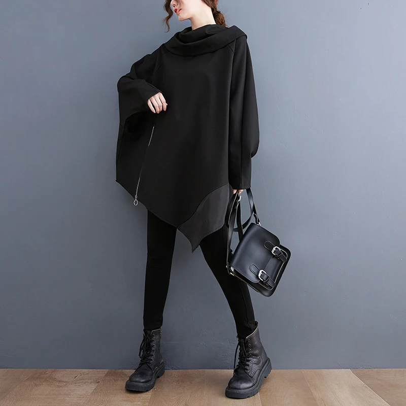 #3704 Autumn Winter Black Asymmetrical Hoodies Sweatshirt Tops Pullovers Loose Batwing Sleeve Long Sweatshirt Zipper Pile Collar