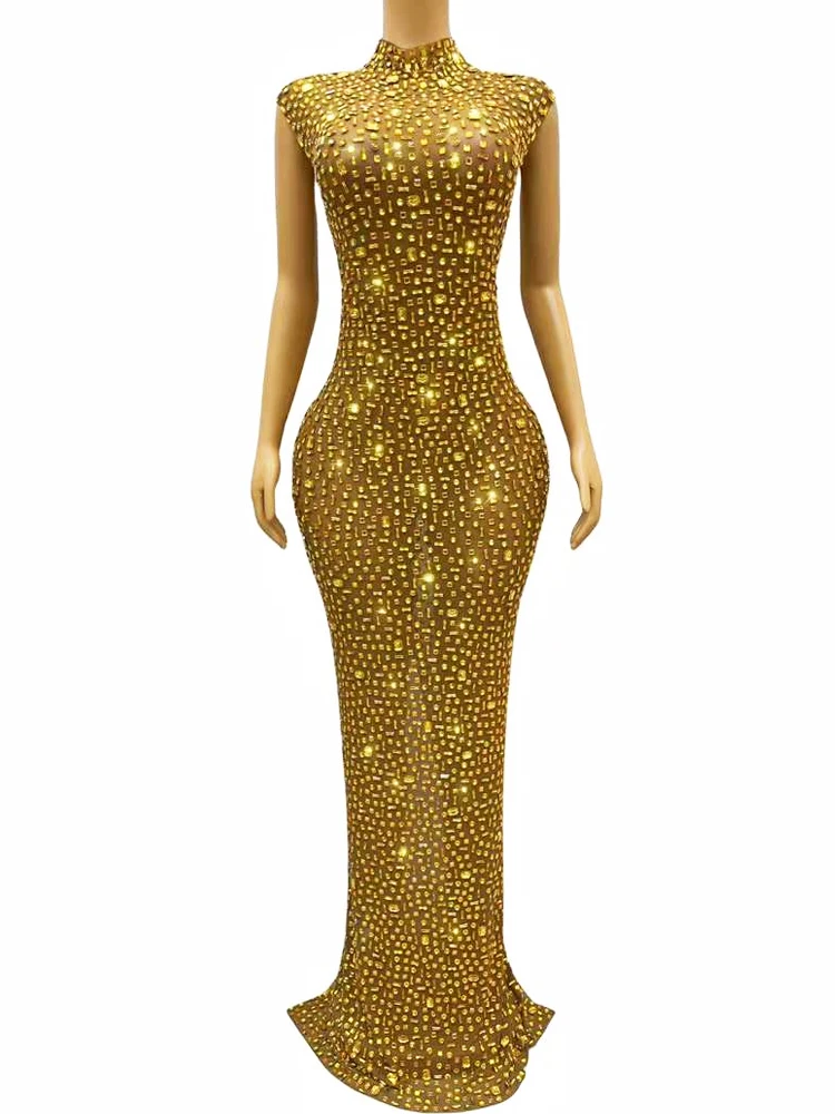 

Shining Golden Crystals Luxury Women Elegant Dress See Through Mesh Evening Party Club Wear Photo Shoot Show Outfit Stage Dress