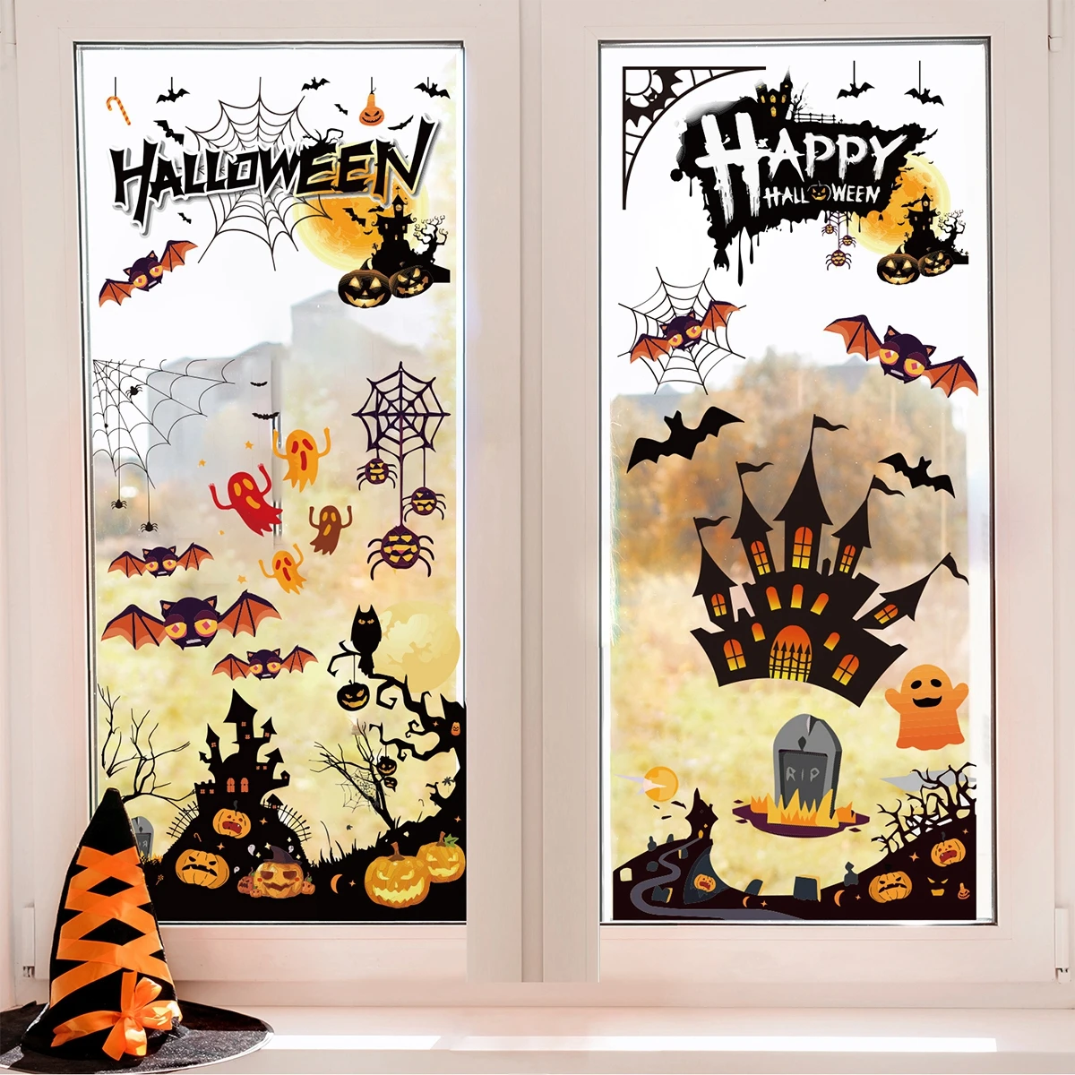 Halloween Window Stickers Happy Halloween Party Decoration For Home 2024 Trick Or Treat Pumpkin Bat Ghost Horror Party Supplies