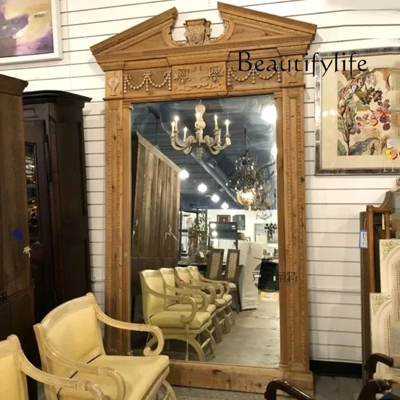 

R American Retro Carved Full-body Full-length Mirror French Living Room Old Light Luxury Carved Floor Mirror Wall Decoration
