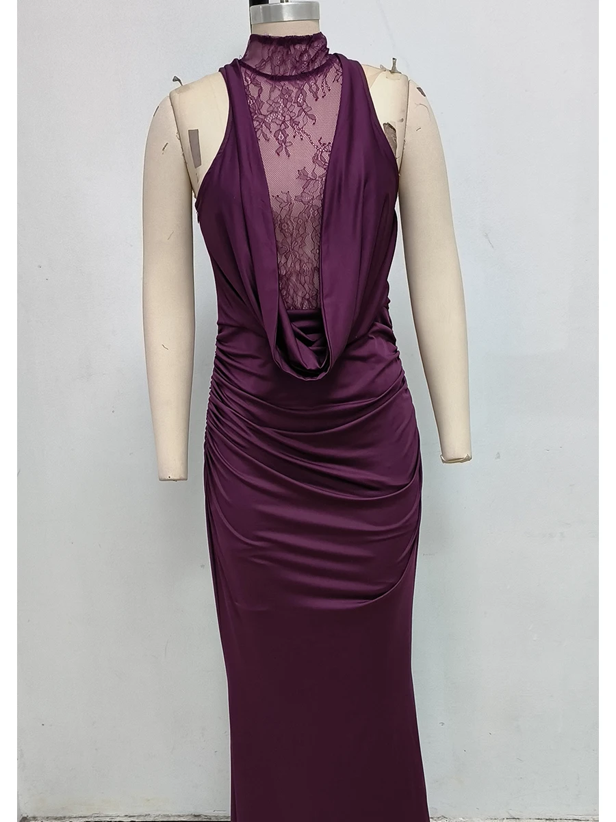 Robe longue en Satin et dentelle pour femmes, Sexy, décolleté en V profond, dos nu, fendue, robe de soirée avec gants, tenues de luxe élégantes